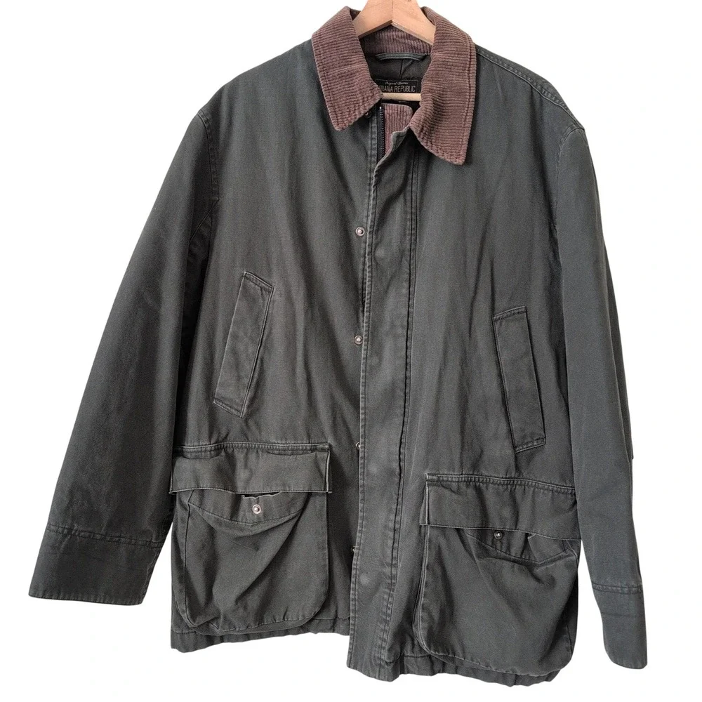 Vintage Banana Republic Gray Canvas Barn Chore Coat Corduroy Pockets Size S Work